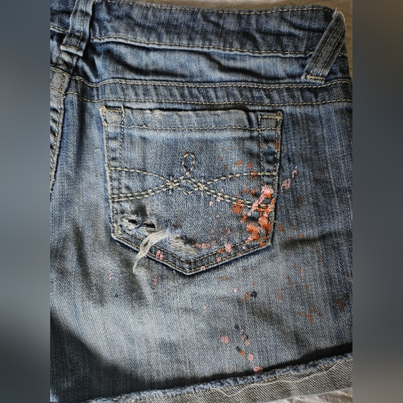 Womens Mudd Blue Jean Shorts Size 5 Pink Orange Paint Splatter - Picture 10 of 10